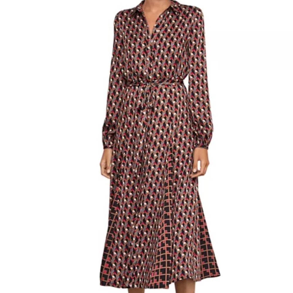 Long-sleeve Satin Geometric Pattern Maxi Shirt Dress
